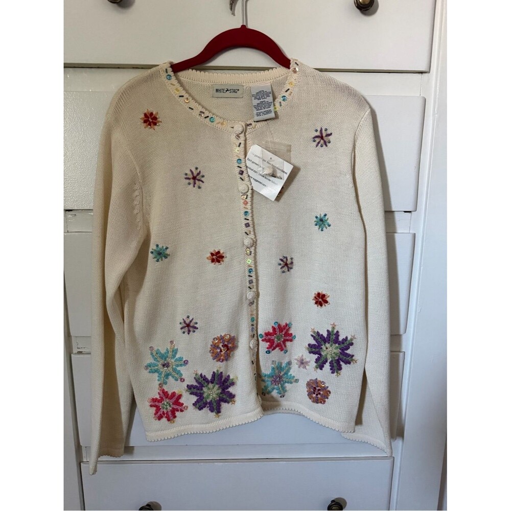 White Stag Cream Embellished Snowflake Cardigan with Multicolor Accents size 10